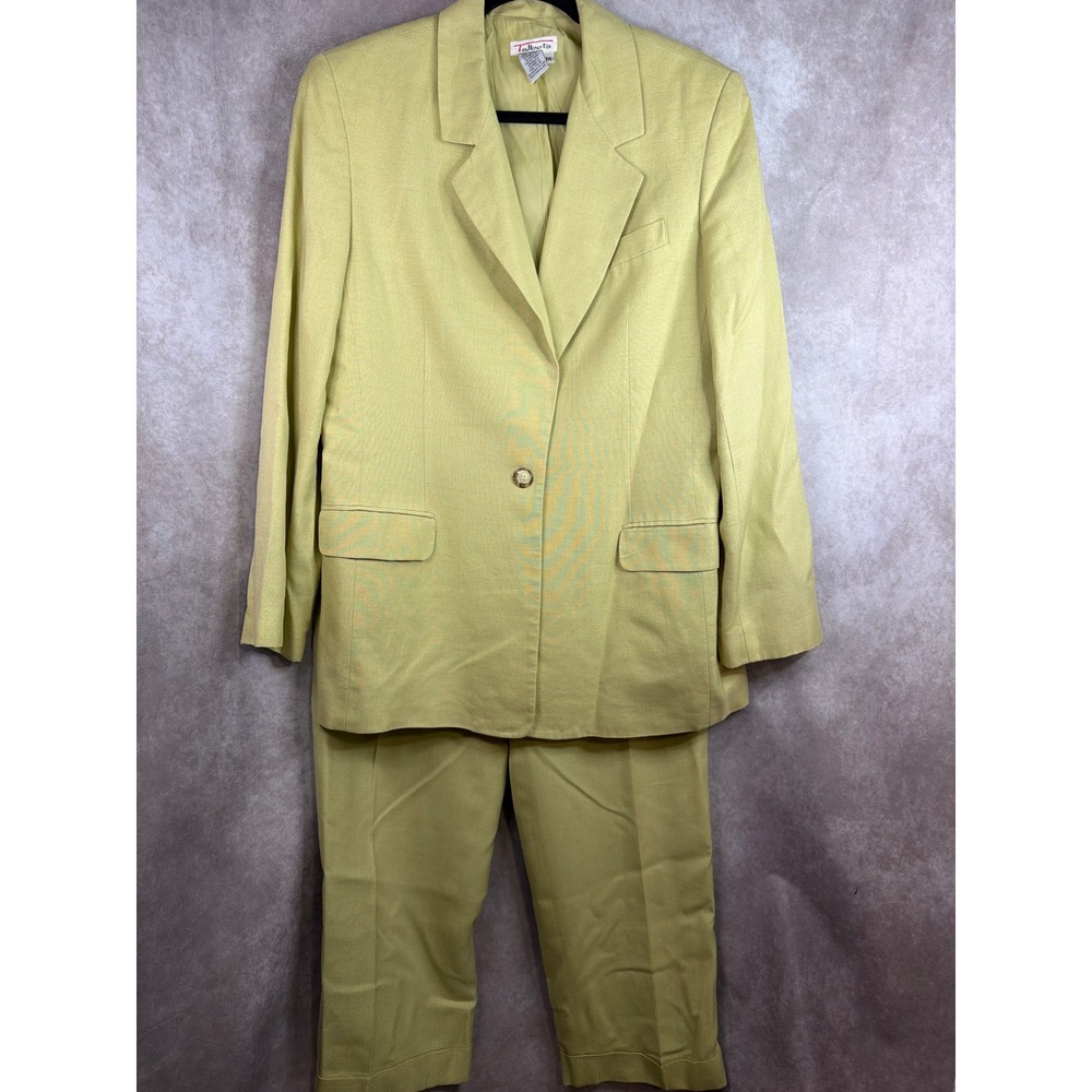 Talbots Pant Suit Women 16 Chartreuse Green Viscose Linen Blend 2 Piece Set